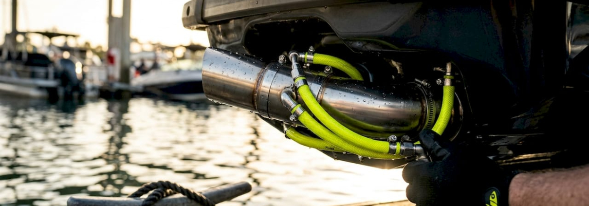 Close-up of jet ski exhaust system under hull