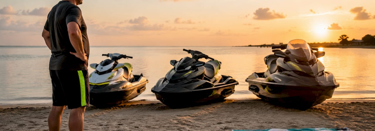 Man examining various personal watercraft types by dock