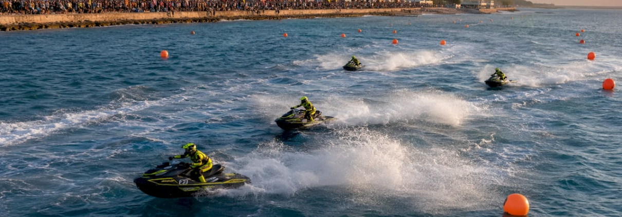 Aerial view of PWC racers on marked course