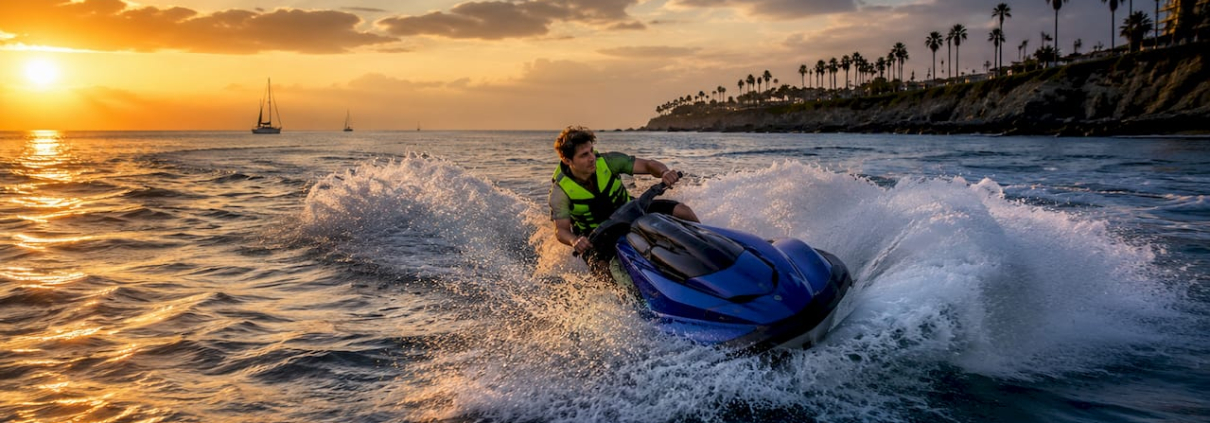 Rider surfing jet ski wake on lake