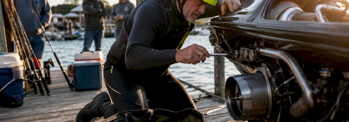Man preparing modified jet ski for wave riding