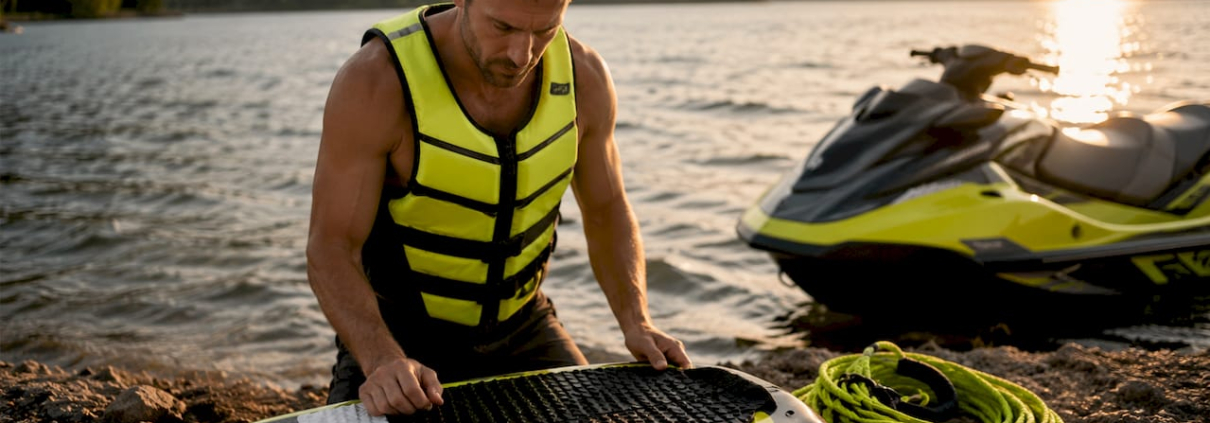 Man preparing jet ski wake surfing gear outdoors