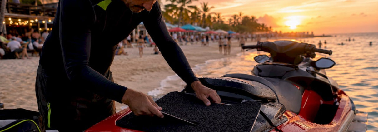 Man applying grip tape on jet ski deck at marina