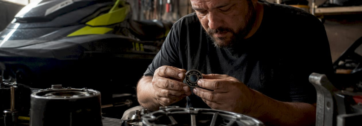 Technician inspecting jet ski bearing carrier