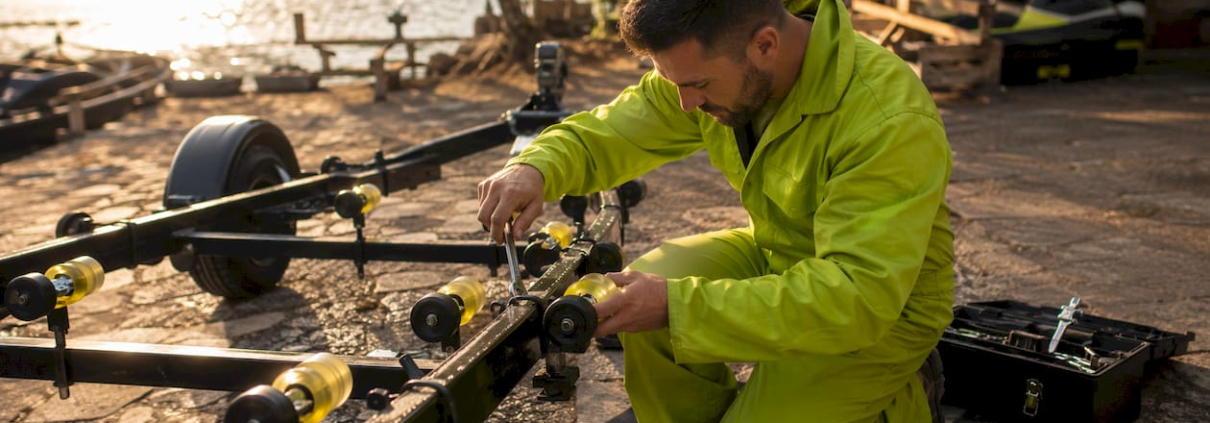 Technician adjusting PWC trailer guide rollers
