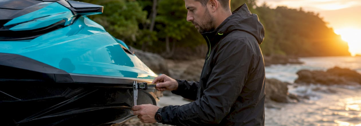 Engineer measuring PWC hull rocker on dockside