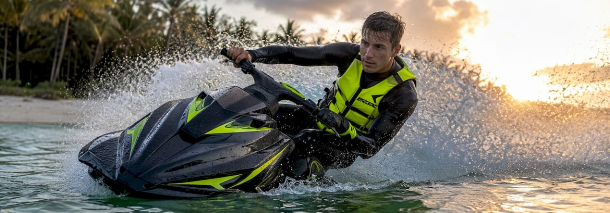 Jet ski rider executing sharp balanced turn on water