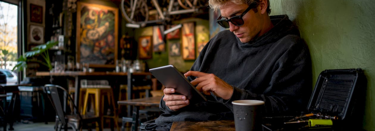 Person browsing jet ski parts outdoors