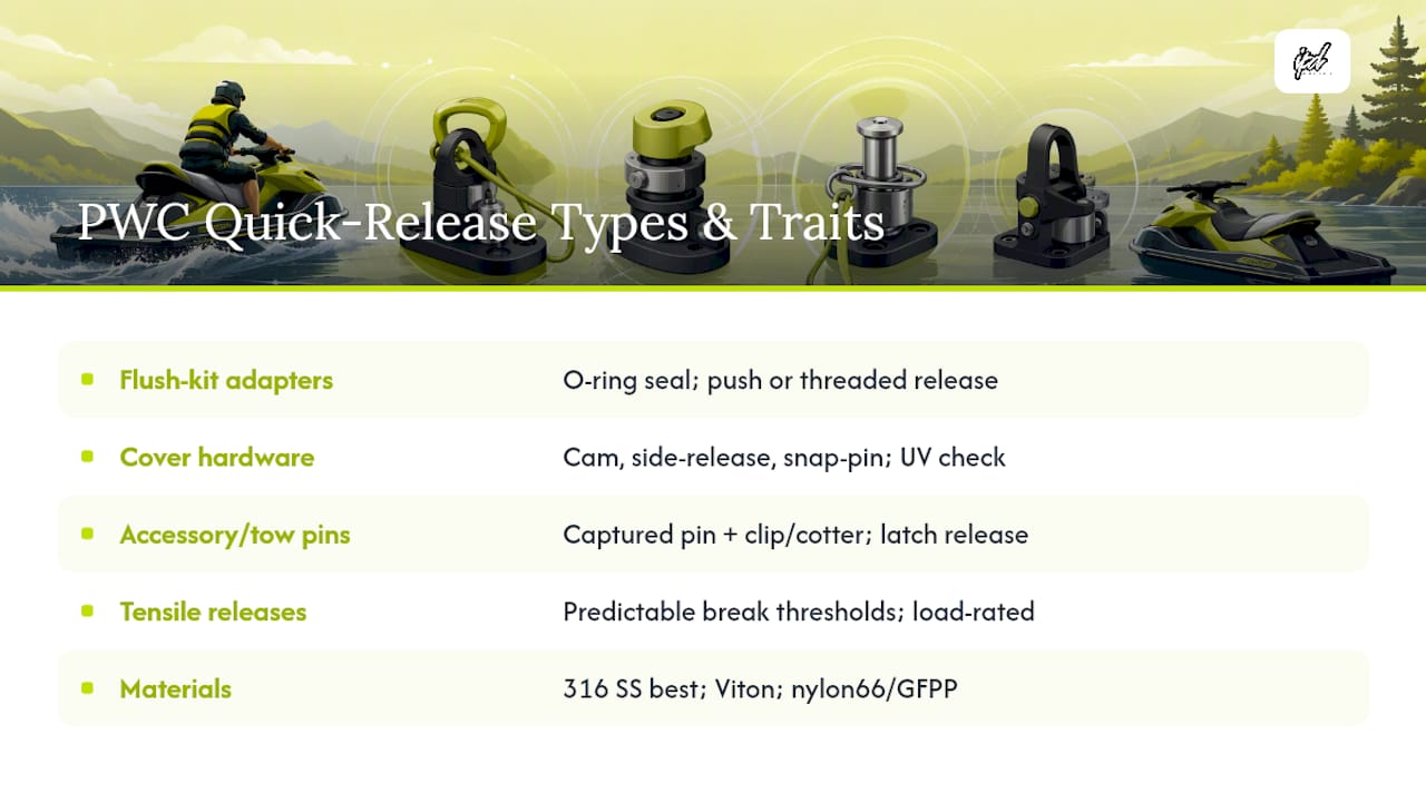 Diagram of PWC quick-release mechanism types and materials