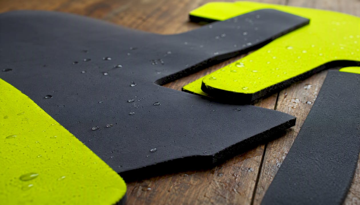 Neoprene thickness samples laid out for wetsuit zones