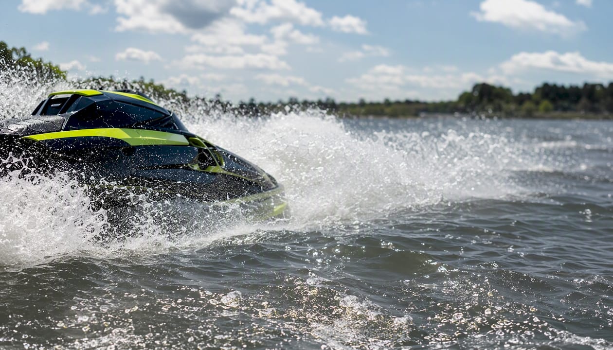 Jet ski spraying water exiting a corner turn