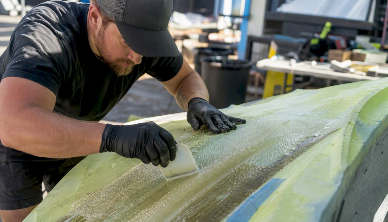 Technician applying fiberglass on foam hull section