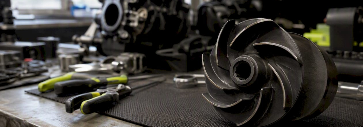 Close-up of jet ski impeller on workbench