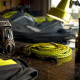 Open water PWC safety gear arranged on dark surface