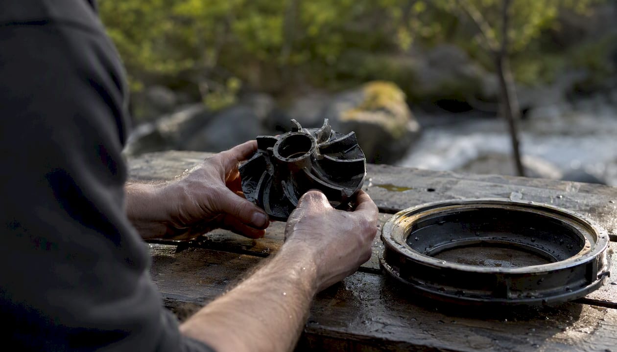 Hands inspecting PWC impeller and wear ring