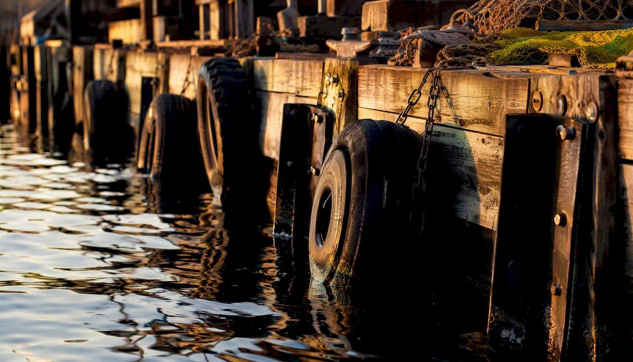 Various dock bumpers fixed on a concrete and wood dock edge