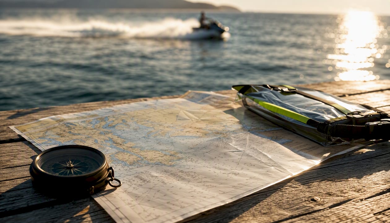 Nautical chart and compass on dock