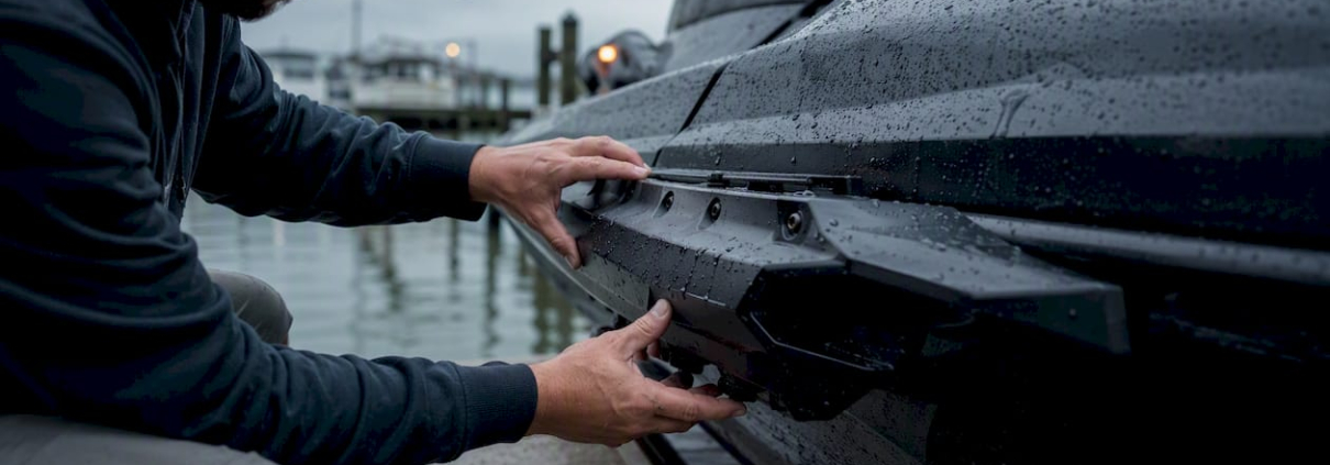 Hands installing PWC sponson close-up