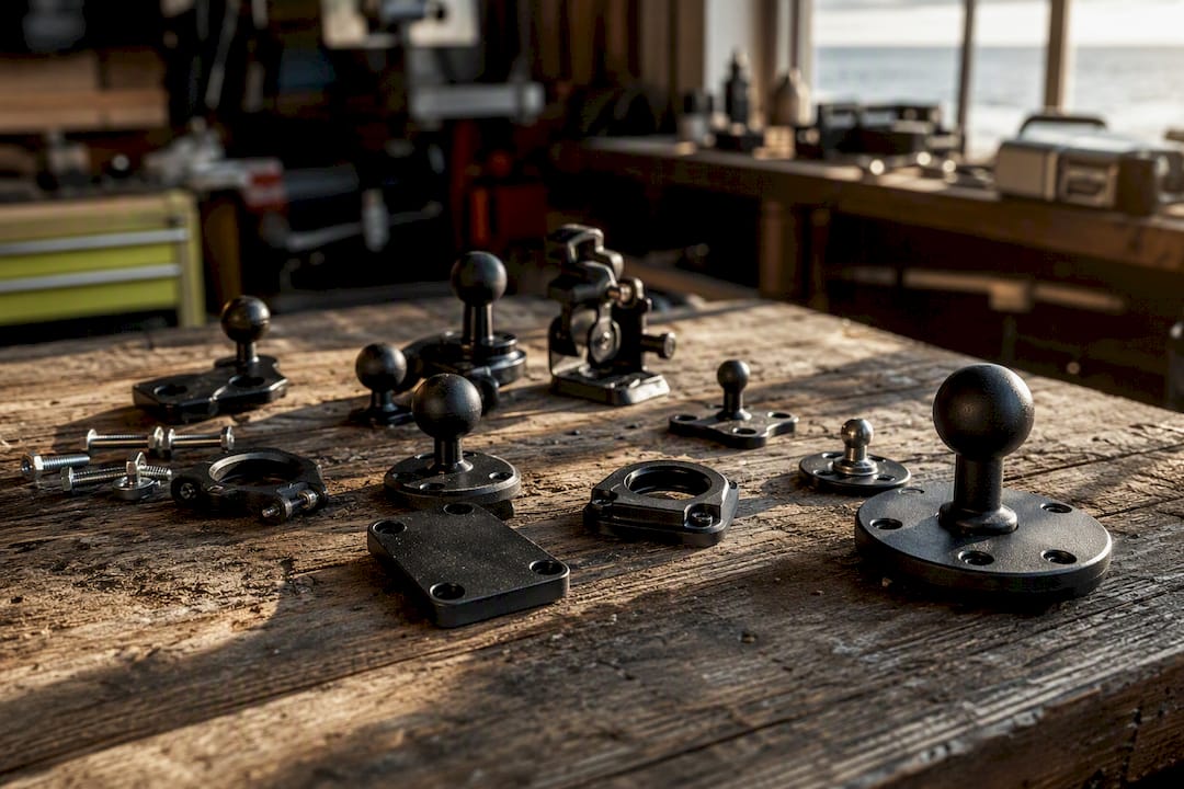 Close-up of assorted GPS mount hardware on bench